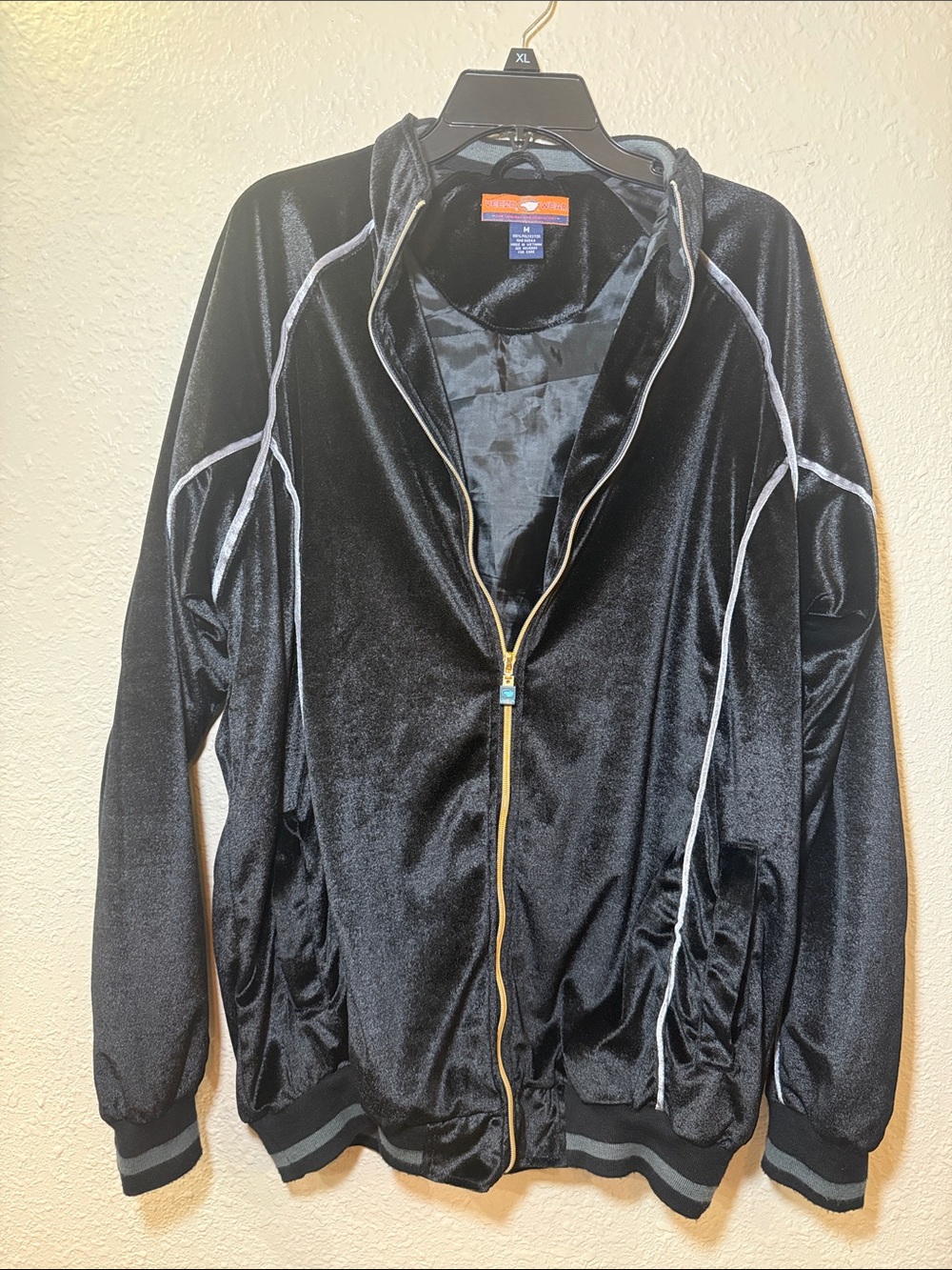 Men's Black Velour Zip Track Jacket with Contrast Piping
